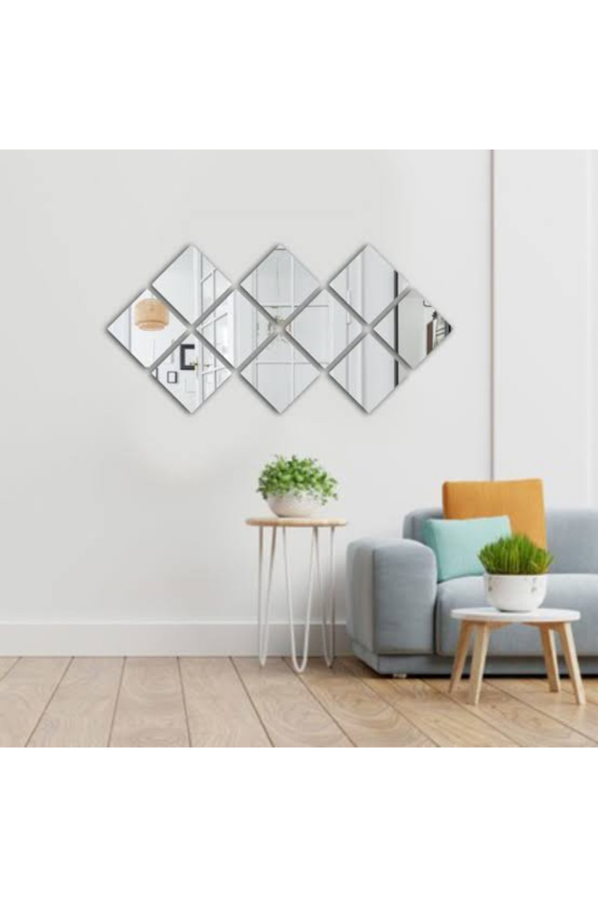 Dekoratif Kare Gümüş Ayna Pleksi Duvar Süsü Gümüş ( Yapışkanlı )