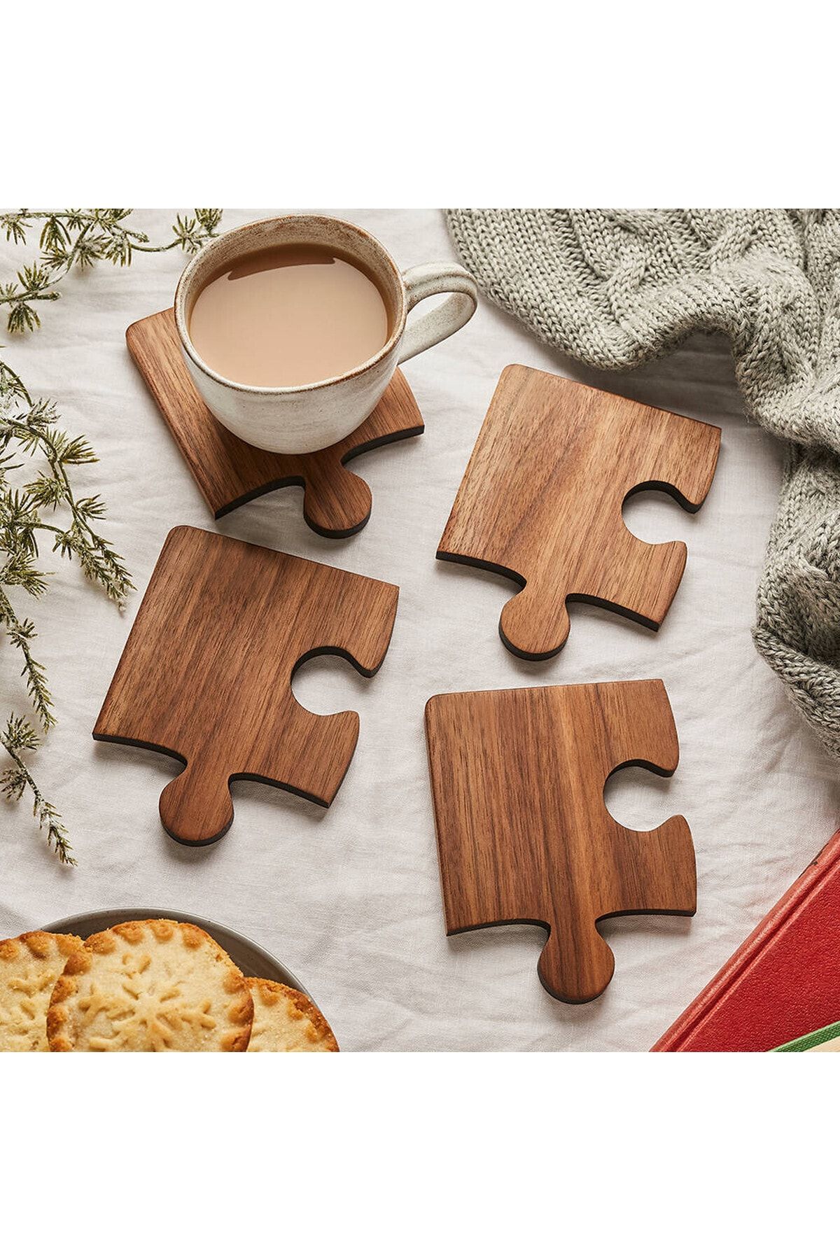 Ahşap Desenli Puzzle Mdf Bardak Altlığı 4’lü Set 10x10 Cm Masaüstü Dekorasyon Eşyası
