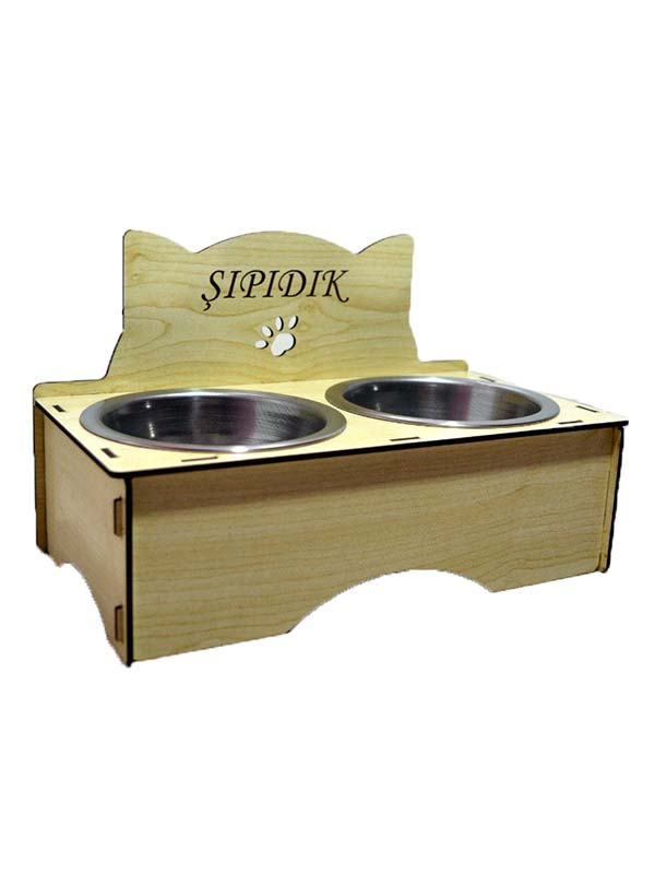 HomeJamin Ahşap Kedi Köpek Mama ve Su Kabı Standı Isme Özel Baskılı Çelik Mama Kabı