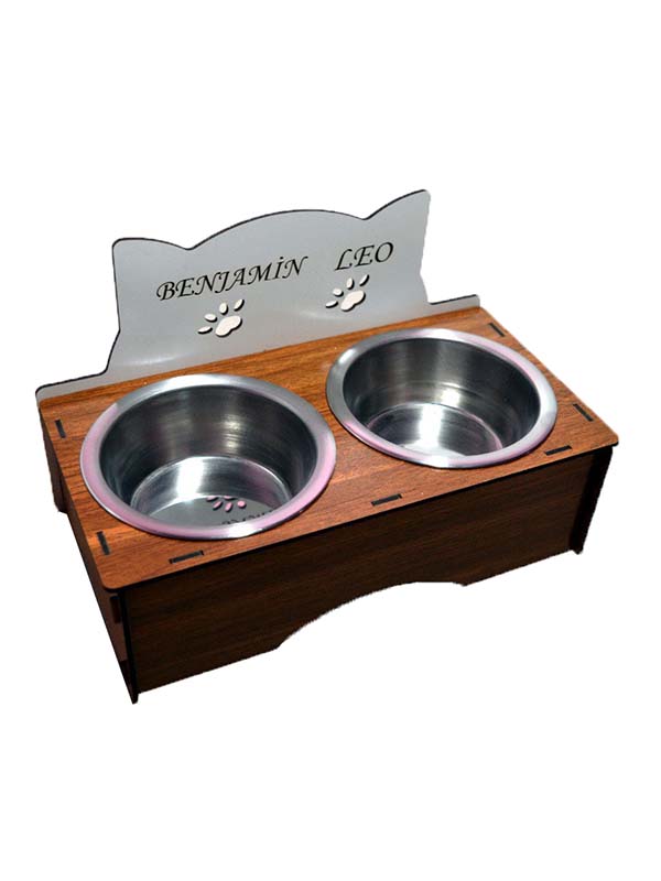 HomeJamin Ahşap Kedi Köpek Mama ve Su Kabı Standı Isme Özel Baskılı Çelik Mama Kabı
