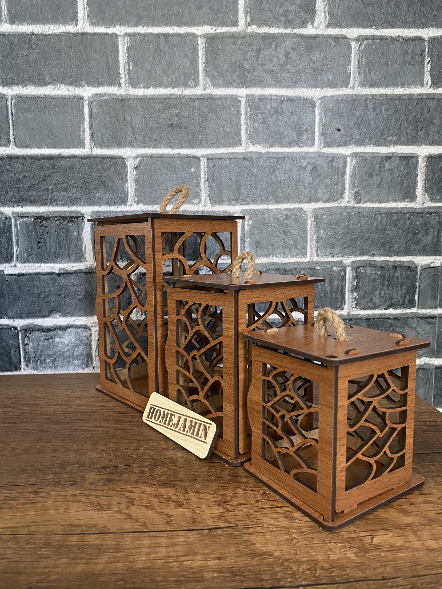  3’lü Mini Ahşap Dekoratif Süs Fener Seti Asimetrik  motif Ceviz