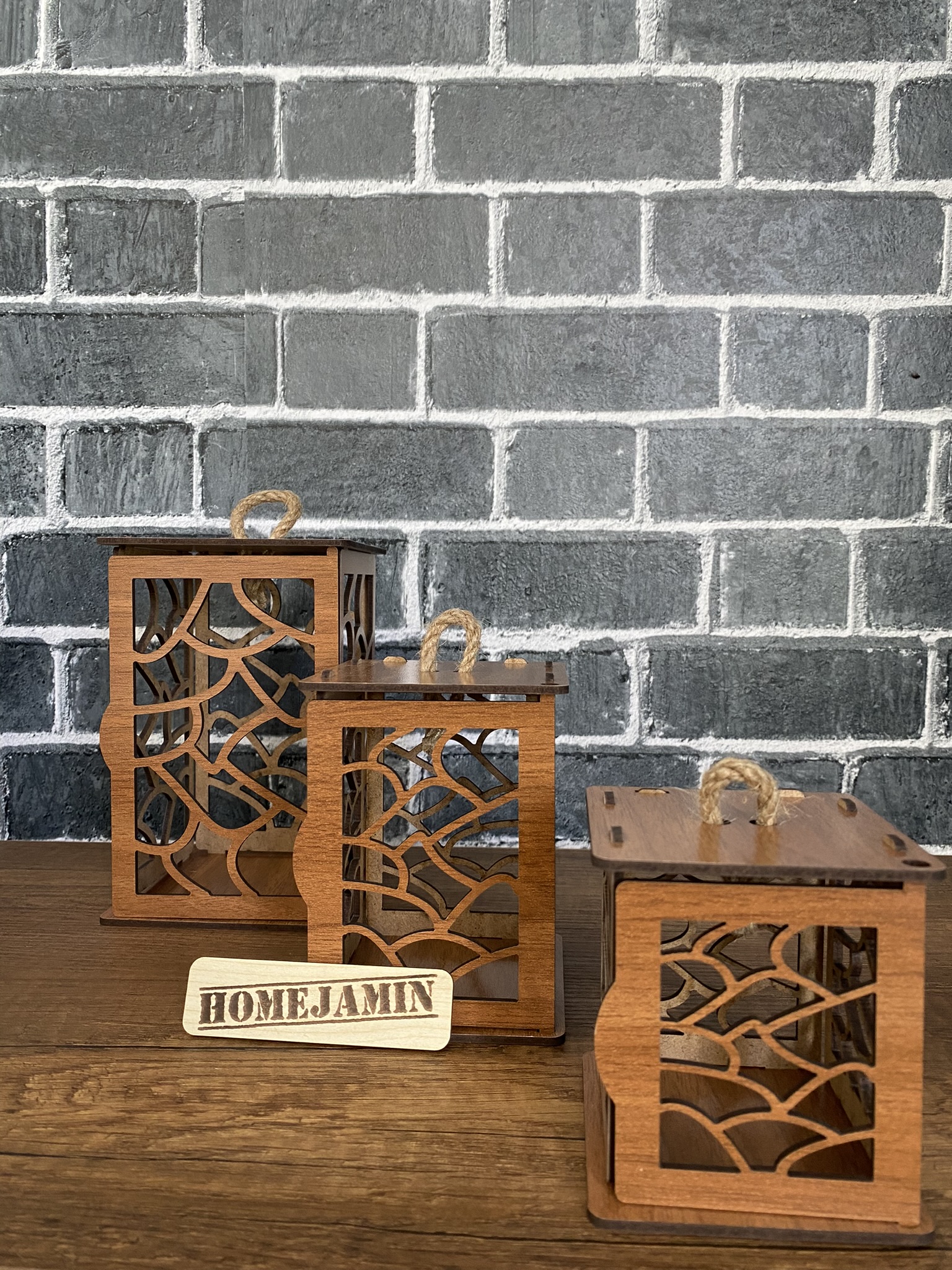  3’lü Mini Ahşap Dekoratif Süs Fener Seti Asimetrik  motif Ceviz