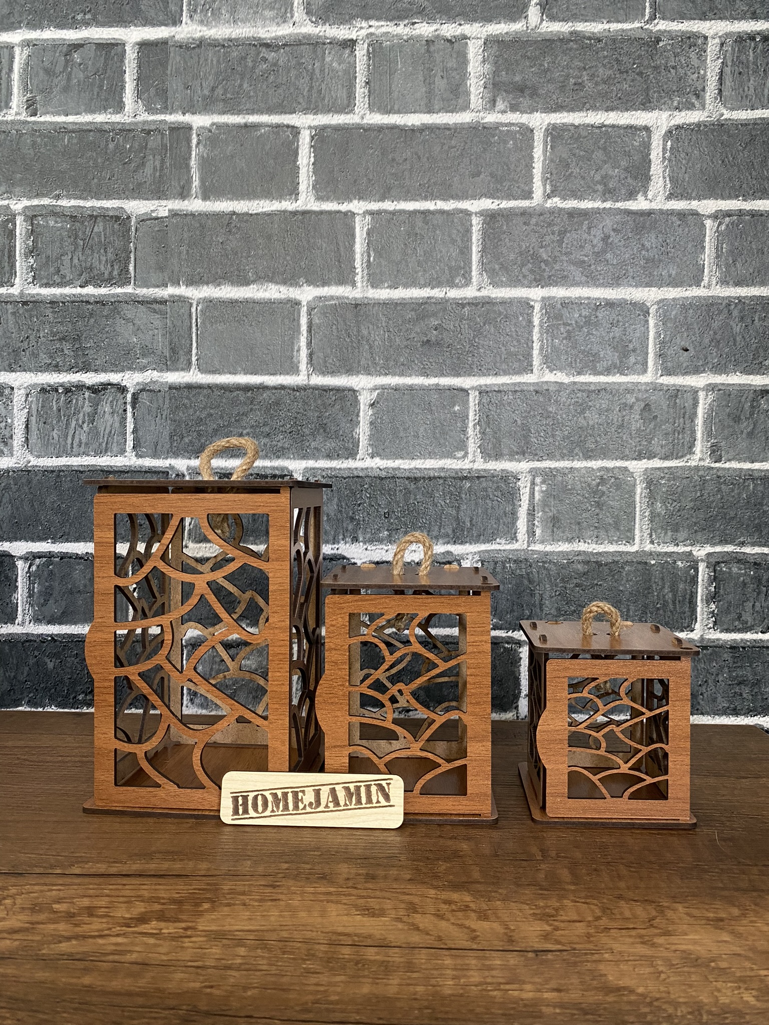  3’lü Mini Ahşap Dekoratif Süs Fener Seti Asimetrik  motif Ceviz