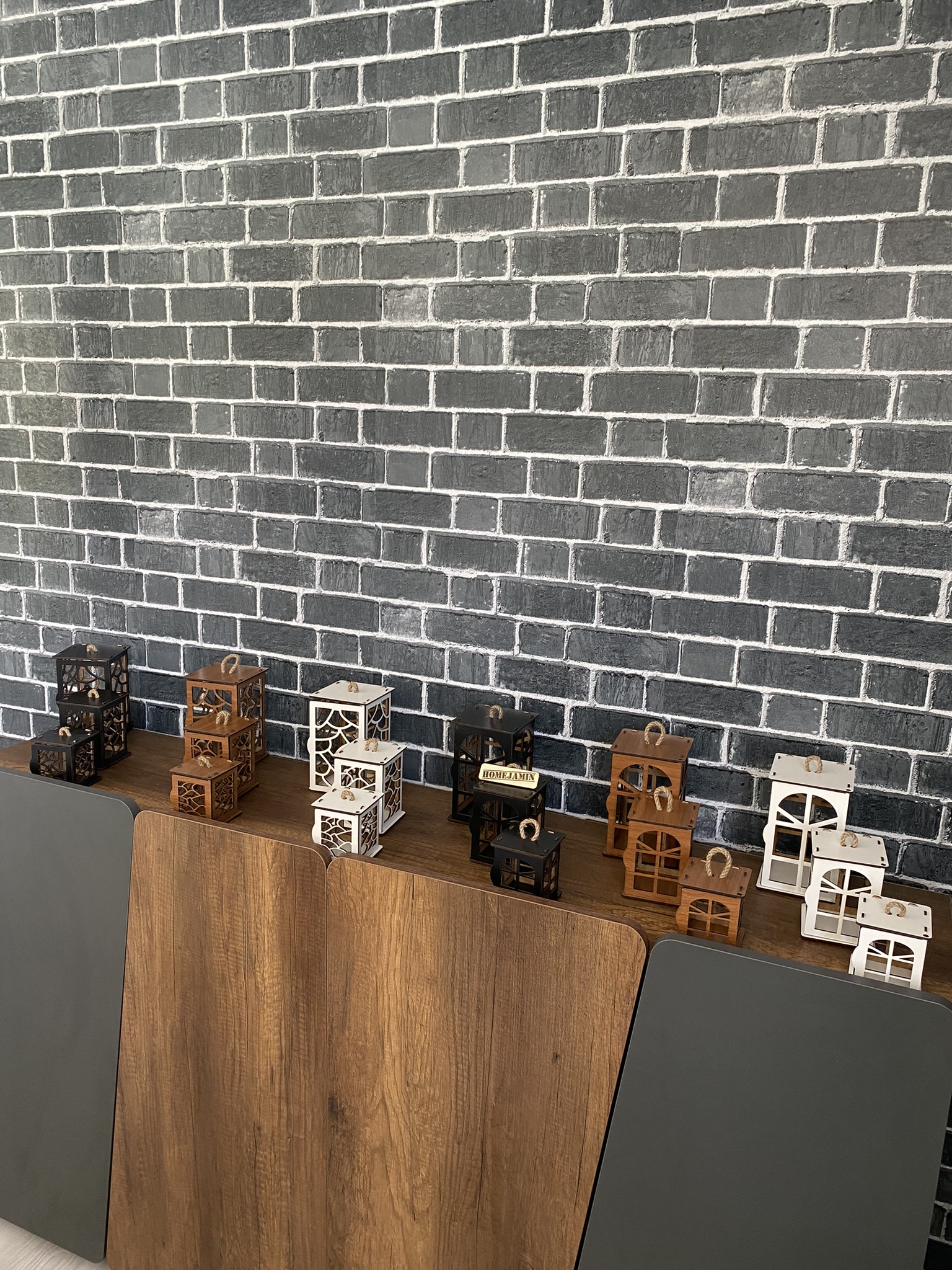  3’lü Mini Ahşap Dekoratif Süs Fener Seti Asimetrik  motif Ceviz