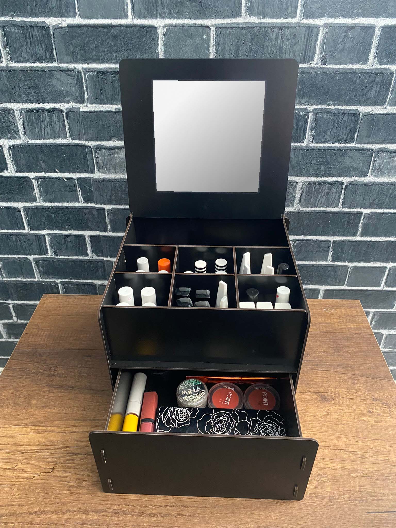 Beauty Makyaj Aynalı 7 Gözlü Ahşap Takı Makyaj Masası Organizeri Düzenleyici - Siyah