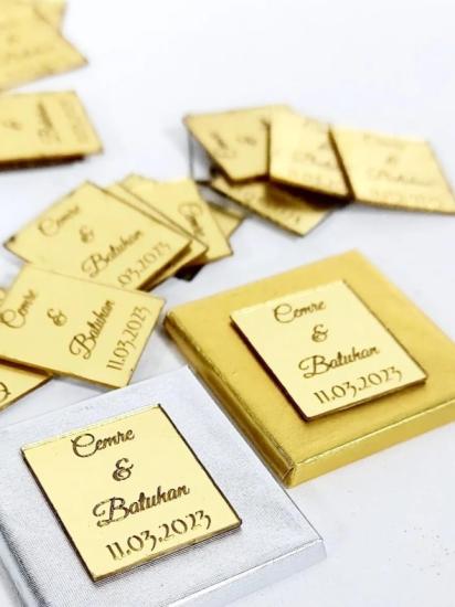 50 Adet Kare Çikolata için Gold Pleksi etiket
