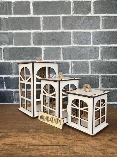  3’lü Set Mini Ahşap Dekoratif Süs Fener Beyaz