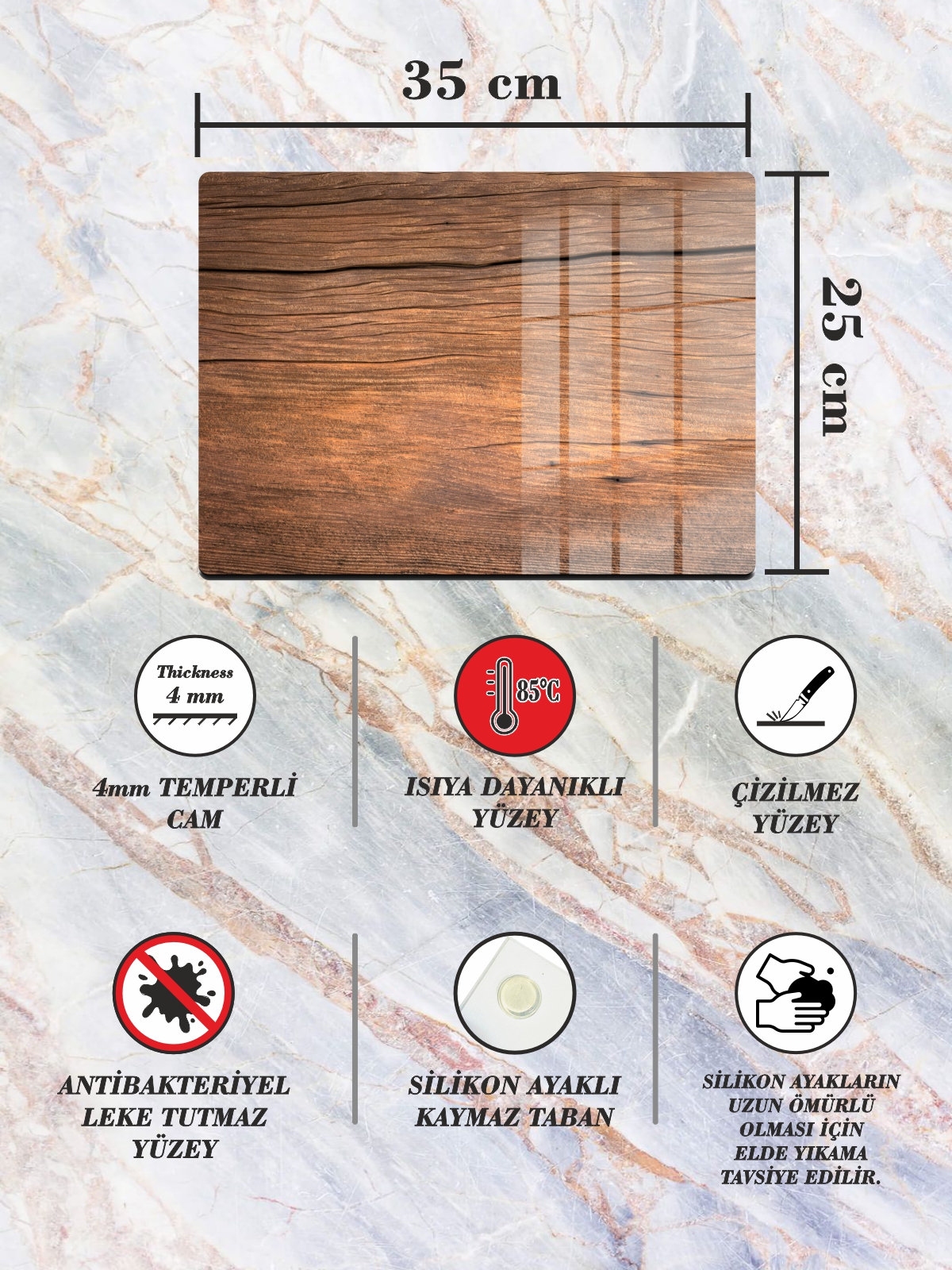 Dekoratif Ahşap Görünümlü Cam Kesme ve Doğrama tahtası sunumluk 25 x 35cm